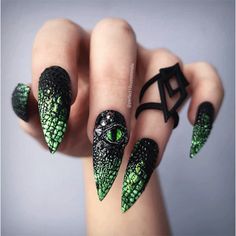 Halloween Stiletto, Dragon Nails, Witch Nails, Witchy Nails, Gothic Nails, Goth Nails, Nails Polish, Black Nail