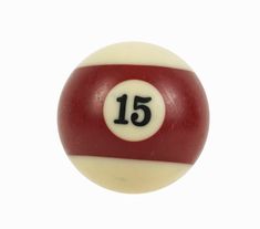 a red and white billiard ball with the number fifteen on it's side