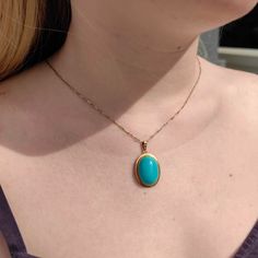 Metals Type: 18K Gold Hallmarked  Weight: 5.50 grams  Size: 13.8 x0. 78 in, 34mm x 20mm.   natural not treated turquoise: 8mm x 22mm x 17mm  Condition: Excellent  Beautiful, exquisite  vintage Natural turquoise pendant in yellow 18k Solid Gold frame . The elegant simple design, and the bright turquoise are guaranteed to give you a bright, refreshed and vital look.  The pendant weighs 5.50 grams. A chain is not included but for a reasonable price we can offer you one. This stunning pendant makes Gold Oval Turquoise Gemstone Necklace, Gold Turquoise Oval Necklace, Blue Turquoise Cabochon Necklace With Oval Pendant, Elegant Turquoise Necklace With Oval Pendant, Elegant Oval Turquoise Necklace, Elegant Oval Blue Turquoise Necklace, Elegant Oval Turquoise Necklace As Gift, Elegant Oval Turquoise Necklace Gift, Yellow Gold Oval Turquoise Necklace Gift