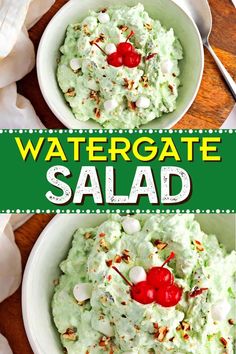 two white bowls filled with green salad on top of a wooden table and the words watergate salad above it