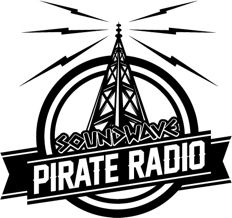 the pirate radio logo is shown in black and white, with an antenna on top