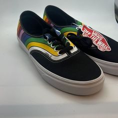 Vans Authentic Refract Rainbow Nwt Men- 9 Women’s- 10.5 “The Blacked-Out Canvas Upper Receives Tonal Shoelaces, Bright White Eyelets, And A Bevy Of Colorful Stripes Along The Lateral Side. Color Bursts Off This Vans Style In Rainbow Hues Of Yellow, Brown, Pink, Purple, And Green, And The Skateable Sneaker Is Sealed With A Crisp White Sole.” Smoke Free Pet Free Home Bundle And Save Money- Welcome To Our Shop. All Items Are Sold As Is. Comment With Questions You Have Before Purchasing. Not Respons Vans Authentic Red, Vans Skateboard, Checkered Shoes, Vans Yellow, Grey Vans, Old Skool Black, Navy Sneakers, Mens Skate Shoes, Club Shoes