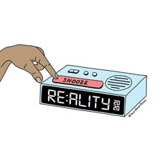 a hand pointing at a clock with the word reality on it