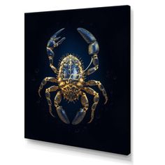 a blue and yellow crab on a black background canvas wall art print by artist unknown