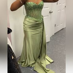 Color: Green Size:12 Never Worn Outside, Only Time Being Worn Was Trying On Still In Bag Bought For $390 Olive Green Prom Dress Long, Olive Green Prom Dress, Light Green Prom Dress, Sage Green Prom Dress, Green Prom Dress Long, Sheer Corset, Junior Prom, Prom Inspo, Jr Prom