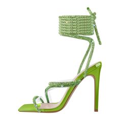 High Heel Sandals With Rhinestones For Prom, Green High Heel Party Sandals, Green High Heel Sandals For Party, Green Rhinestone Open Toe Heels, Green High Heel Sandals With Rhinestones, Green Open Toe Heels For Party, Green Rhinestone Party Heels, High Heel Sandals With Rhinestones For Party Season, Party Season Heels With Rhinestones In Synthetic Material