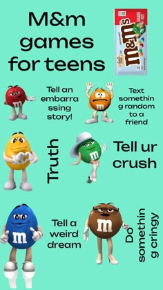 a poster with different types of cartoon characters on it's back side and the words m & m games for teens written below