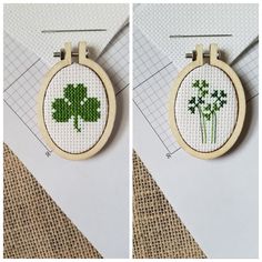 two cross - stitch hoops with flowers in them on a piece of paper next to each other