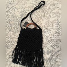 Black Crochet Shoulder Purse, Fringe Bottom, Wood Handles - Never Used Trendy Black Shoulder Bag With Fringe, Black Bohemian Crossbody Bag, Black Fringe Bag For Shopping, Black Bohemian Shoulder Bag For Shopping, Black Handmade Shoulder Bag For Summer, Black Fringe Shoulder Bag For Shopping, Black Bohemian Bag As Fashion Accessory, Black Bohemian Shopping Bag, Black Fringe Shoulder Bag For Daily Use