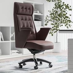 a brown office chair sitting on top of a rug in front of a white bookcase