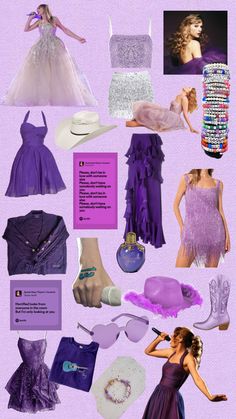 a collage of purple and white items including dresses, shoes, bracelets and jewelry