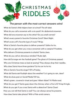 a christmas riddle with holly and ornaments on it