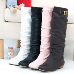 Soft Leather Buckle Tall Boots Low Heels for Women 3953 Knee High Winter Boots, High Winter Boots, Knee High Boots Winter, Tall Winter Boots, Riding Boots Fashion, Warm Boots, Low Heel Shoes, Heels For Women, Rounded Toe Boots