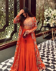 Haldi Trending Outfits, Western Indian Outfits Women, Orange Indian Lehenga, Western Wedding Ideas Dresses, Ethnic Indo Western Outfits, Destination Wedding Indian Outfits, Trending Outfits Traditional, Designer Ethnic Wear For Women