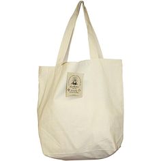 a white tote bag with a label on the front and back side, sitting against a white background