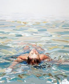 a painting of a woman floating in the ocean with her head above water's surface