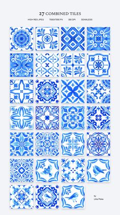 blue and white tiles are arranged in rows, with different designs on each tile surface