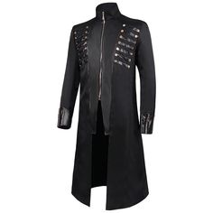 This Men's Vintage Gothic Victorian Long Tail Coat is the perfect addition to your wardrobe. Featuring a unique and stylish design, it features a front chest metal vintage button patchwork leather design for a classic look. The long length will keep you warm and comfortable, while the tails provide a unique flair. Perfect for any formal occasion or night out, this coat will make you stand out from the crowd. Please reach out if you have any questions about sizing. For custom orders, please leave Formal Black Outerwear With Buttons, Winter Leather Long Coat With Buttons, Gothic Black Outerwear For Formal Occasions, Black Gothic Outerwear For Formal Occasions, Luxury Fall Outerwear With Rivets, Winter Long Leather Coat With Buttons, Punk Style Formal Winter Outerwear, Winter Formal Punk Outerwear, Black Leather Jacket With Buttons