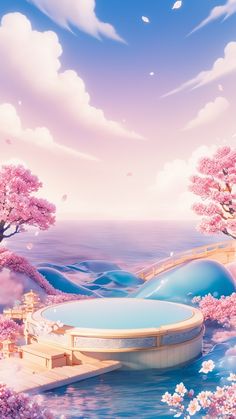 an anime scene with a hot tub in the foreground and pink trees on the far side