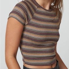 Urban Renewal Striped Baby Tee Never Worn!! Size Medium Stretchy Material Cute Stretch Crew Neck Tops, Striped Ribbed Short Sleeve Tops, Fitted Striped Ribbed T-shirt, Casual Stretch Multicolor Tops, Cute Multicolor Tops For Fall, Urban Outfitters Crew Neck Tops For Fall, Striped Ribbed Cotton Top, Brown Cotton Crop Top, Stretch Crew Neck T-shirt By Urban Outfitters