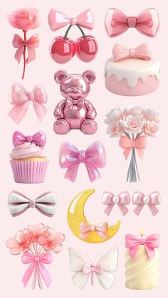 there are many different types of cakes and cupcakes on this pink wallpaper