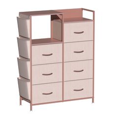 a pink and beige dresser with drawers on the bottom, and two bins below it