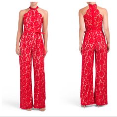 The Beaded Halter Neck And Allover Lace Get The Party Started On This Soiree-Ready Wide Leg Jumpsuit. Beaded Halter Neck. Sleeveless. Fitted Bodice. Hidden Back Zip Closure. Inner Molded/Padded Bust Cups. Sheer Back. Detachable Self Tie Grosgrain Sash. Lined. Size 2; Length: 62", Leg Opening: 25", Inseam: 34", Bust: 32", Waist: 25". Elegant Red Backless Jumpsuit, Elegant Red Backless Jumpsuit/romper, Elegant Red Backless Jumpsuits And Rompers, Elegant Red Jumpsuits And Rompers For Date Night, Red Lace Jumpsuit, Lace Jumpsuit, Get The Party Started, Red Lace, Wide Leg Jumpsuit