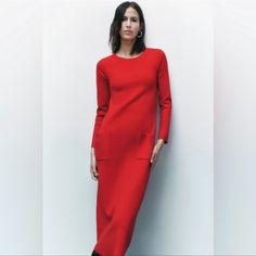 Dress With Round Neck And Long Sleeves. Front Patch Pockets. Dark Red Outer Shell 52% Viscose 26% Polyester 22% Nylon New With Tags 22 Red Midi Dresses For Winter, Red Midi Dress For Fall, Zara Midi Dress For Winter Workwear, Zara Winter Midi Dress For Work, Red Maxi Dress For Workwear In Fall, Red Midi Dress For Work In Fall, Zara Long Winter Dresses, Zara Sheath Midi Dress For Fall, Red Sheath Dress For Fall