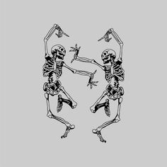 two skeletons are dancing together in the shape of a letter m, with one skeleton holding another