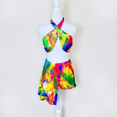 Multicolor Rainbow Watercolor Criss Cross Top & Asymmetrical Skort Skirt Set Size M Nwot - Never Worn This Item Is Stretchy Can Be Used As A Rave/Festival Set Or Swimwear! 82% Polyester, 18% Elastane Rave Set Outfit Festival Edc Punk Goth Grunge Hardware O-Ring Dark Alt Bass Festival Party Edm Costume F-24 Summer Party Skort, Fitted Multicolor Bottoms For Summer, Fitted Multicolor Party Shorts, Asymmetrical Shorts For Spring Party, Asymmetrical Shorts For Party In Spring, Colorful Fitted Bottoms For Summer, Fitted Colorful Bottoms For Summer, Fitted Summer Skort With Asymmetrical Hem, Fitted Skort With Asymmetrical Hem For Summer