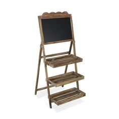 a wooden easel with a chalkboard on it's back and shelves below