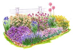 a drawing of a garden filled with lots of different colored flowers and plants next to a white fence