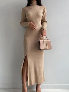 Elasticity: Medium StrecthNeckline: TurtleneckDresses Length: Mid-CalfMaterial: ViscoseSleeve Length(cm): Full Fashion Basics Women, High Neck Long Dress, Slim Long Dress, Knitted Turtleneck, Fashion Basics, Dresses 2022, Strap Dresses, Split Dress, Long Sleeve Sweater Dress