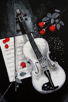 a painting of a violin and roses on a sheet of paper with music notes in the background