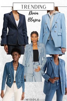 Dark Denim Blazer Outfit, Blue Denim Blazer Outfit, Denim Tuxedo Women, Blue Jean Blazer Outfits For Women, Trendy Denim Blazer, Jean Blazer Outfits For Women, Denim Suit Women