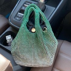 Size Height - 17cm Width - 14cm Green Bucket Shoulder Bag For Evening, Green Bucket Bag For Evening, Evening Green Shoulder Bag With Dust Bag, Green Handheld Evening Bag With Top Carry Handle, Crystal Purse, Rhinestone Clutch, Crystal Bags, Crystal Clutch, Designer Clutch