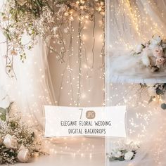 two photos with flowers and lights in the background, one has a white sign that says elegant floral wedding digital backdrops