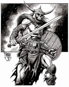 a black and white drawing of a viking holding two swords