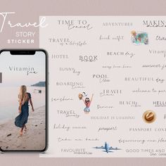 a woman walking on the beach next to an iphone with travel story stickers on it