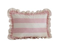 a pink and white striped pillow with ruffled edges on a white background for decoration