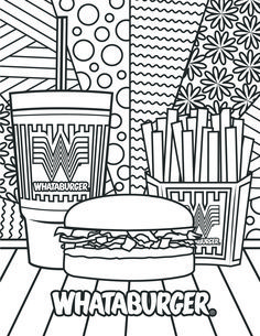 an image of a burger and fries coloring page for adults to print on the table