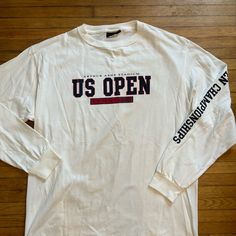 Super Dope 2007 Us Open Long Sleeve Tshirt. Vintage But Looks Brand New. Crispy White No Stains Or Fade College Long Sleeve Shirt With Letter Print, Long Sleeve College Shirt With Letter Print, Long Sleeve Cotton Sports Top, White Long Sleeve Shirt For College, Sporty Long Sleeve Shirt With Letter Print, White Long Sleeve College Shirt, Long Sleeve Screen Print Top For College, Sports Long Sleeve Shirt With Letter Print, Sporty Long Sleeve Tops With Screen Print