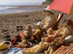 teddy bears sitting on the beach with an umbrella and other stuff animals laying around them