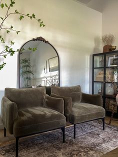 a living room with two couches and a mirror on the wall next to it