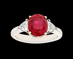 Cushion-Cut Ruby Ring, 3.34 Carats~ A cushion-cut ruby weighing 3.34 carats is featured in this classic ring. The crimson gem is set in platinum and 18K gold with diamond accents totaling approximately 0.40 carat. ~M.S. Rau Jewelry For Sale, All Gems, Ruby Jewelry, Classic Ring, Ruby Ring, Cushion Cut, M S, Precious Stones, Heart Ring