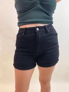 Risen brand denim shorts in black with a cuffed bottom hem. Zip fly Traditional 5 pocket styling Rise: 10.75” Inseam: 4.5” Fabric: 64.8% Cotton 29.8% Polyester 3.6% Rayon 1.8% Spandex Brand: Risen Jeans (RDS6101 black) High Rise Black Stretch Jean Shorts, Black Stretch High Rise Jean Shorts, Black Stretch High-rise Jean Shorts, Black Cotton Jean Shorts For Spring, Stretch Black Jeans Short Length, Black Stretch Jeans Short Length, Black Stretch Jeans In Short Length, Fitted Black Jean Shorts For Spring, Mid-rise Stretch Black Jean Shorts