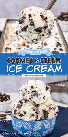 two scoops of cookies and cream ice cream on a blue plate with the title