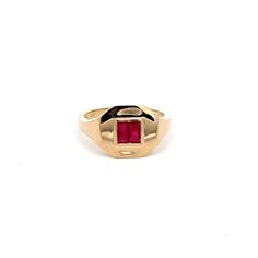 Unisex Ruby Signet Ring in 14K Gold featuring natural ruby of 0.56 carats. The gorgeous handcrafted ring goes with every style, every occasion or any outfit.  Ruby improves mental strength.  Designed with two baguette cut ruby inlaid in between in solid gold bezel setting of 14k gold ring that makes it a perfect fit to wear it on your occasion or style it with any of your basic outfit to give it a glam. This is a perfect July Birthstone Jewelry also perfect Handmade Jewelry, Bridal Shower Gift, Valentine Gift, Gift For Sister, Mother Daughter Gift, Bride To Be Gift, Bridesmaid Gift, Mom Gift, BFF Gift, Best Friend Gift, Anniversary Present, Wife Gift, Gift for Her or any Holiday Gift for Mother, Sister, Daughter, Grandma, Fiancé, Girlfriend, Valentine, Family or Friend on your list. Yellow Gold Ruby Signet Ring With Polished Finish, Heirloom Ruby Signet Ring In Yellow Gold, Heirloom Yellow Gold Ruby Signet Ring, Heirloom Style Ruby Ring, Ruby Signet Ring With Polished Finish, Heirloom Ruby Signet Ring With Polished Finish, Emerald Cut 14k Gold Ruby Promise Ring, Heirloom Red Gold Signet Ring, 14k Gold Open Ruby Ring For Promise