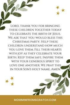 a card with the words, lord thank you for bringing these children together today to celebrate the birth of jesus