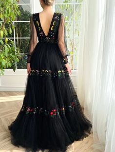 Nightfall Bouquet Gown | Teuta Matoshi Long Sleeve Tulle Dress With Floral Embroidery, Long Sleeve Floral Embroidered Tulle Dress, Black Spring Gala Gown, Black Gown For Spring Gala, V-neck Gala Dress With Floral Embroidery, Floor-length Tulle Dress With Floral Embroidery, Floor-length Tulle Dress With Floral Applique, Floor-length Floral Embroidered Tulle Dress, Spring Black Tulle Maxi Dress